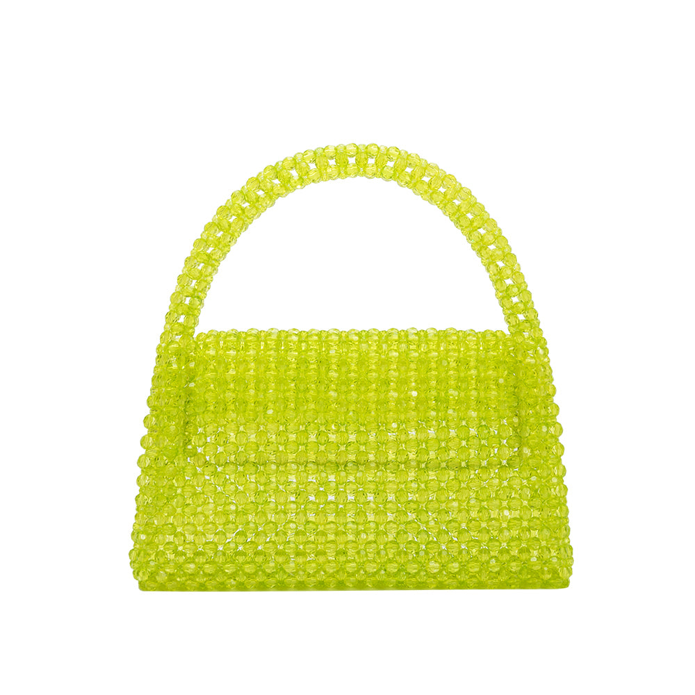 A small lime crystal beaded top handle bag with a closure flap.