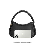 An iphone 11 pro max size comparison image for a small recycled vegan leather shoulder bag with a braided handle. 
