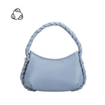 A small blue recycled vegan leather shoulder bag with a braided handle.