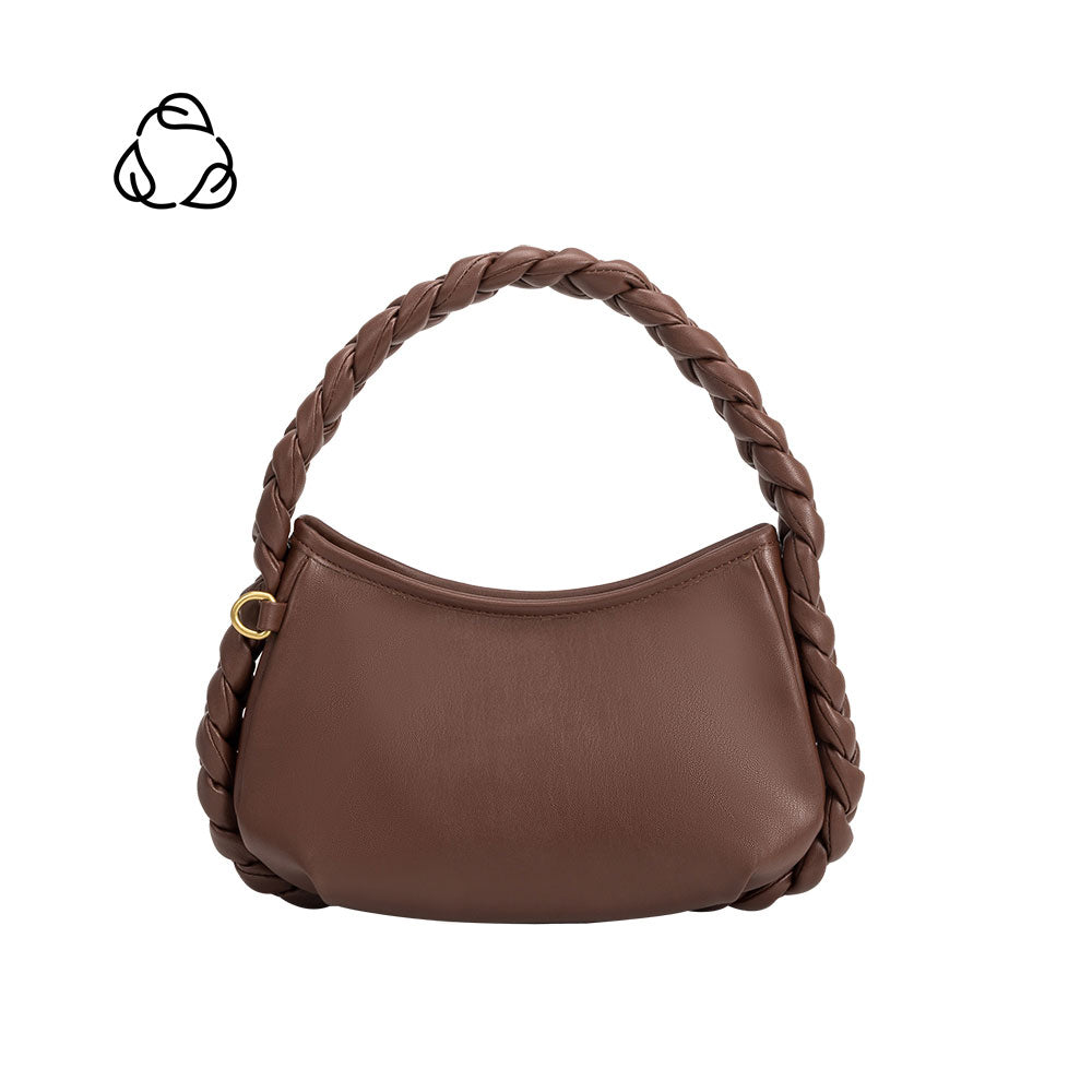A small chocolate recycled vegan leather shoulder bag with a braided handle. 