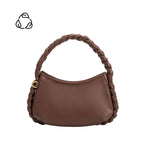 A small chocolate recycled vegan leather shoulder bag with a braided handle. 