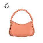 A small salmon recycled vegan leather shoulder bag with a braided handle. 