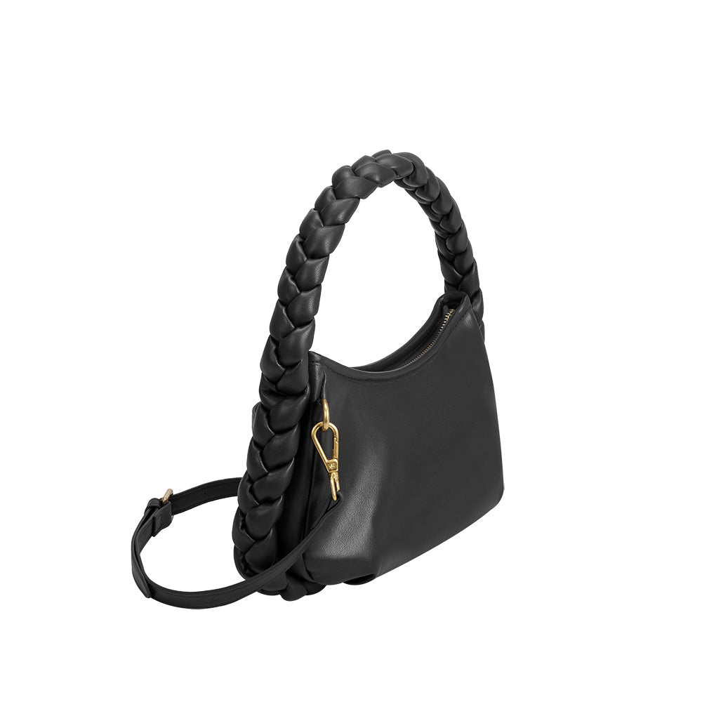 A small black recycled vegan leather shoulder bag with a braided handle. 