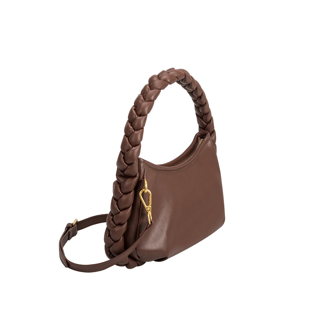 a small chocolate recycled vegan leather shoulder bag with a braided handle. 