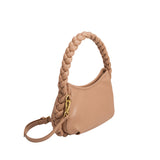 A small tan recycled vegan leather shoulder bag with a braided handle.