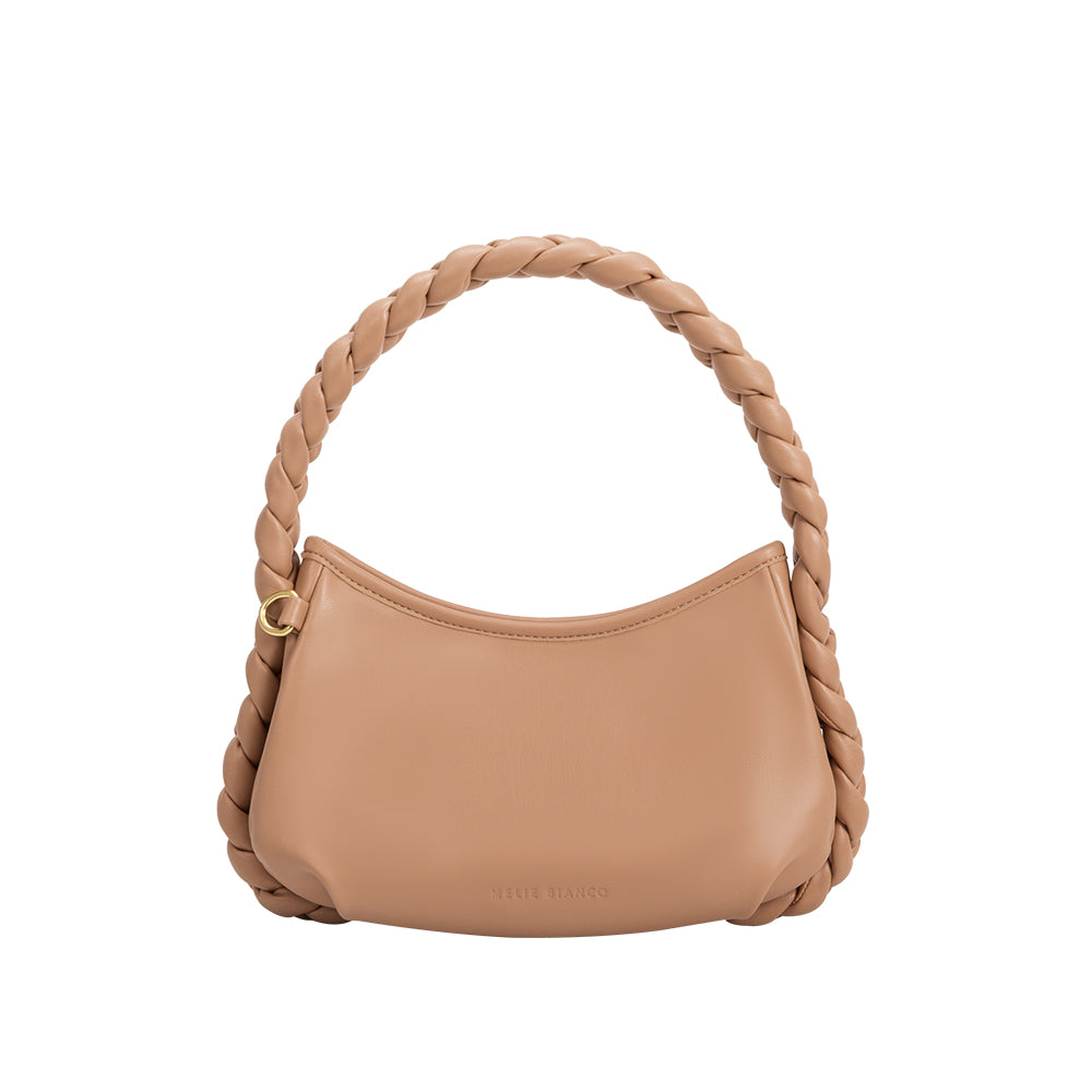 A small tan recycled vegan leather shoulder bag with a braided handle. 