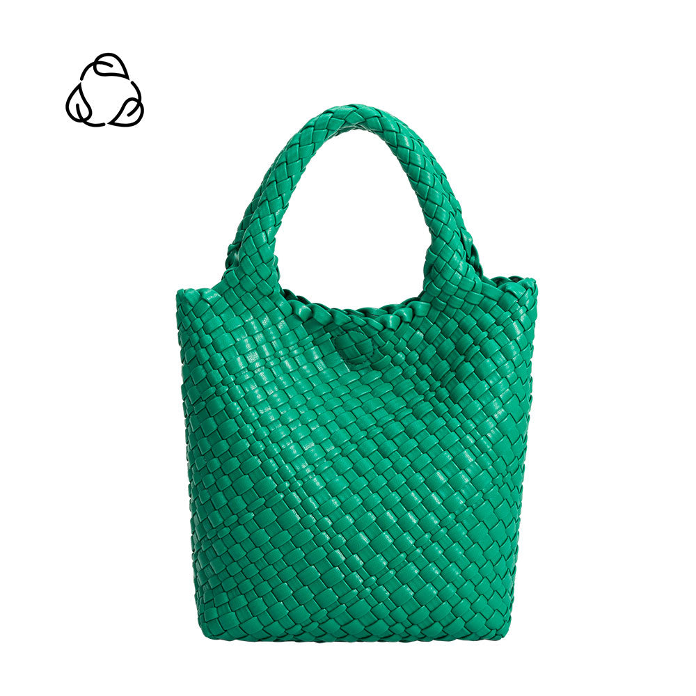 A small green woven recycled vegan leather tote bag with double handle.
