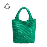 A small green woven recycled vegan leather tote bag with double handle.