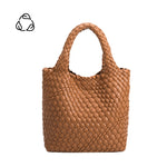 A small saddle woven recycled vegan leather tote bag with double handle. 