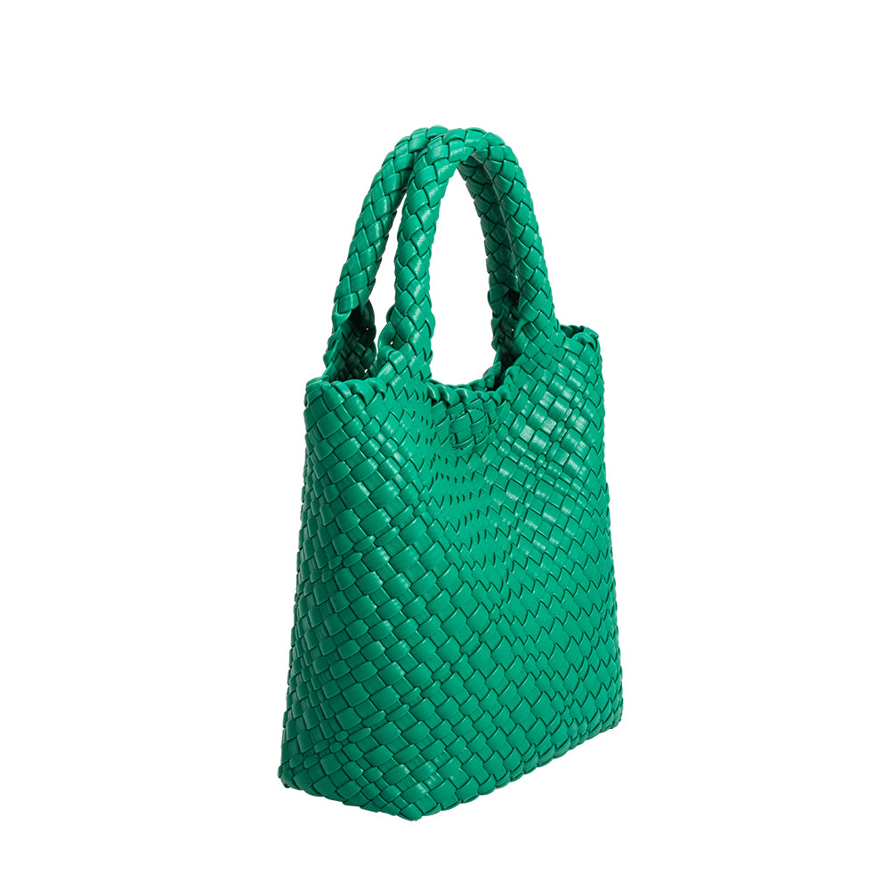 A small green woven recycled vegan leather tote bag with double handles. 