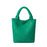 A small green woven recycled vegan leather tote bag with a double handle.