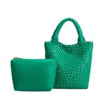 A small green woven recycled vegan leather tote bag with zip pouch.