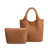 A small saddle woven recycled vegan leather tote bag with a zip pouch. 