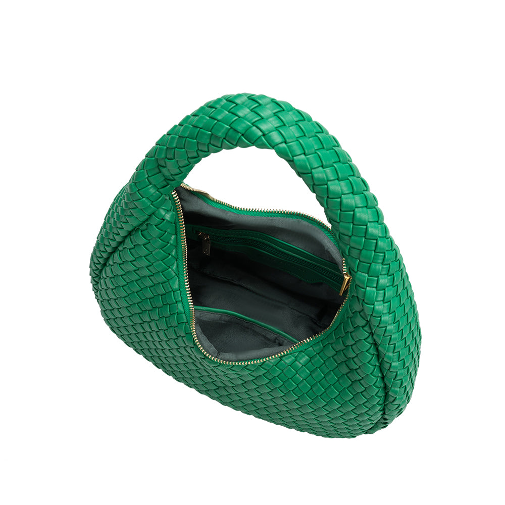 A green curved woven vegan leather shoulder bag.