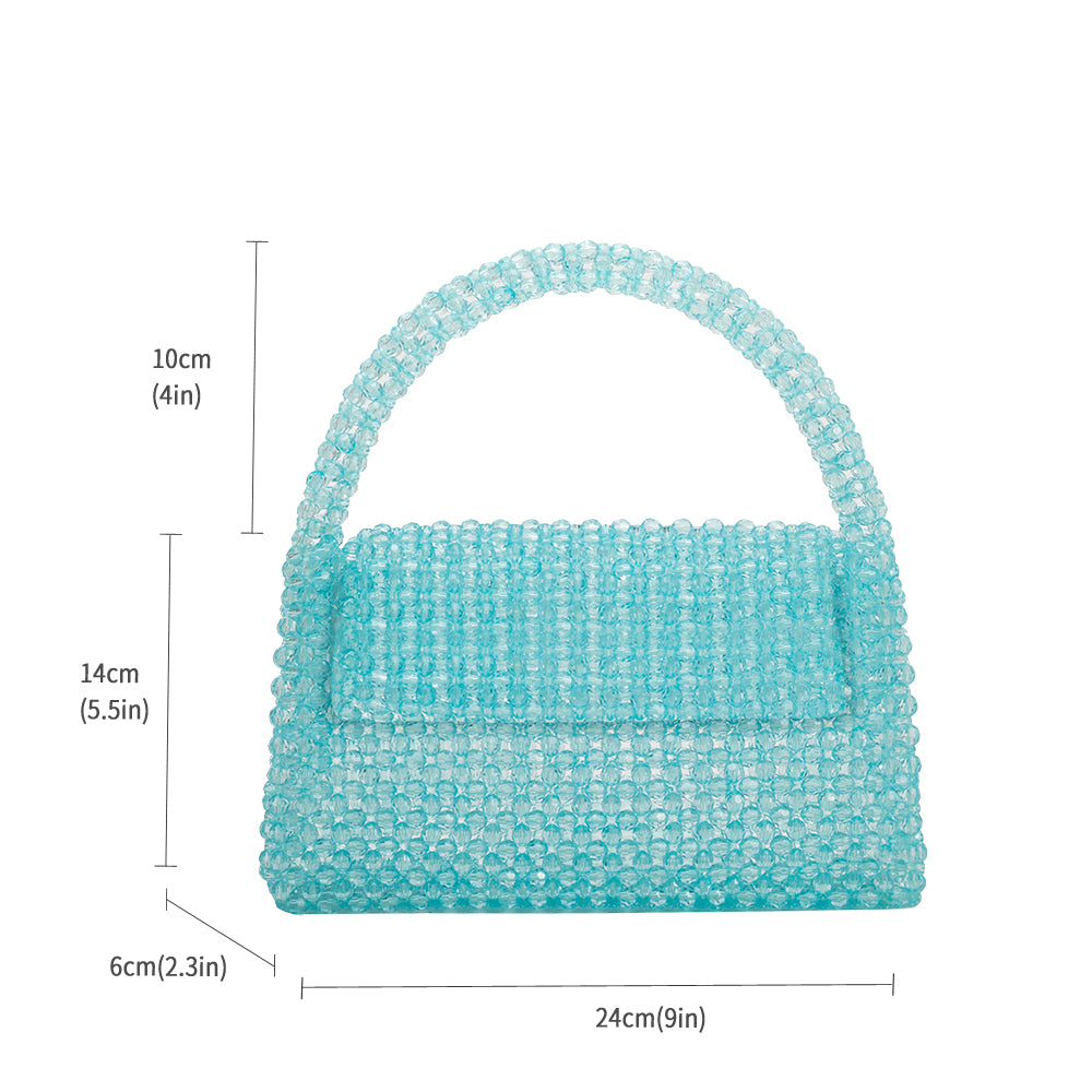 A measurement reference image for a small beaded crystal top handle bag with a flap closure. 