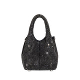 A small black crystal encrusted crossbody bag with a slouchy silhouette. 
