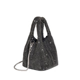 A small black crystal encrusted crossbody bag with a slouchy silhouette.