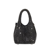 A small black crystal encrusted crossbody bag with a slouchy silhouette.