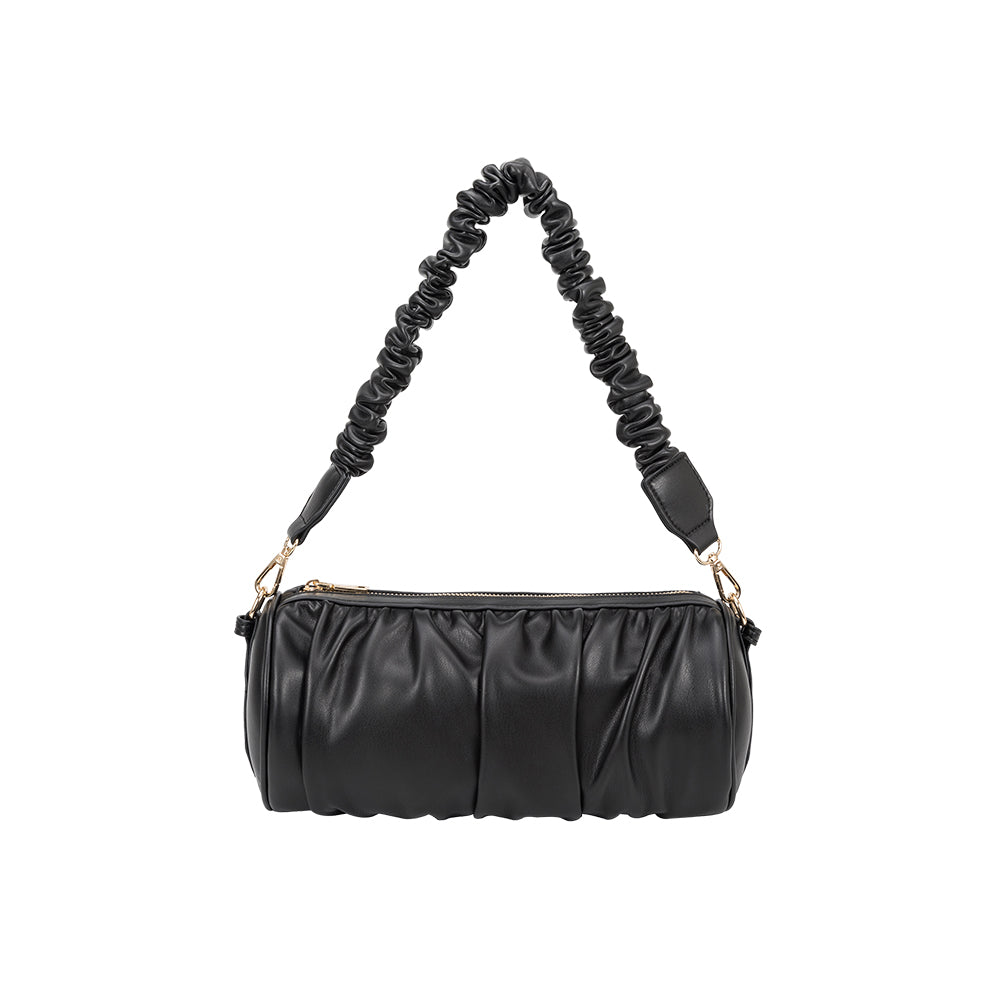 A medium black cylindrical-shaped shoulder bag with a rouched handle. 
