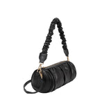 A medium black cylindrical-shaped shoulder bag with a ruched body and strap. 