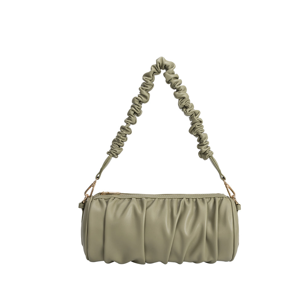 A medium moss cylindrical-shaped shoulder bag with ruched body and ruched strap. 