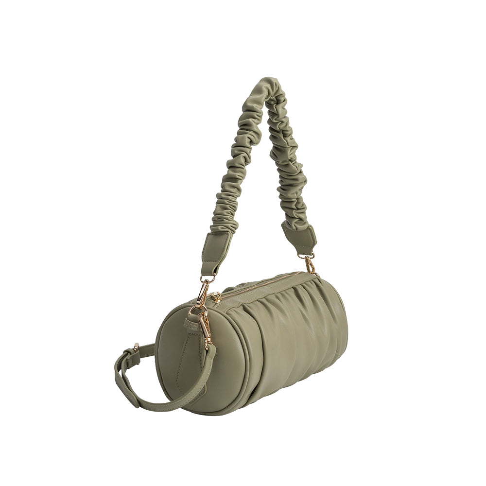 A medium moss cylindrical-shaped shoulder bag with a ruched body and strap.