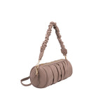 A medium taupe cylindrical-shaped shoulder bag with a ruched body and strap. 