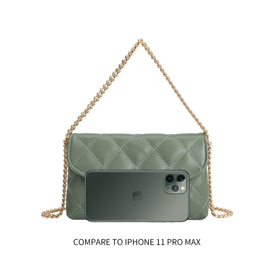 Melie Bianco Luxury Vegan Leather Gigi Clutch Bag in Sage with gold chain