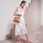 Model Wearing Melie Bianco Luxury Vegan Leather Gabby Shoulder Bag in Camel