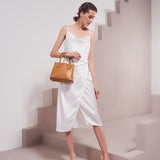 Model Wearing Melie Bianco Luxury Vegan Leather Gabby Shoulder Bag in Camel