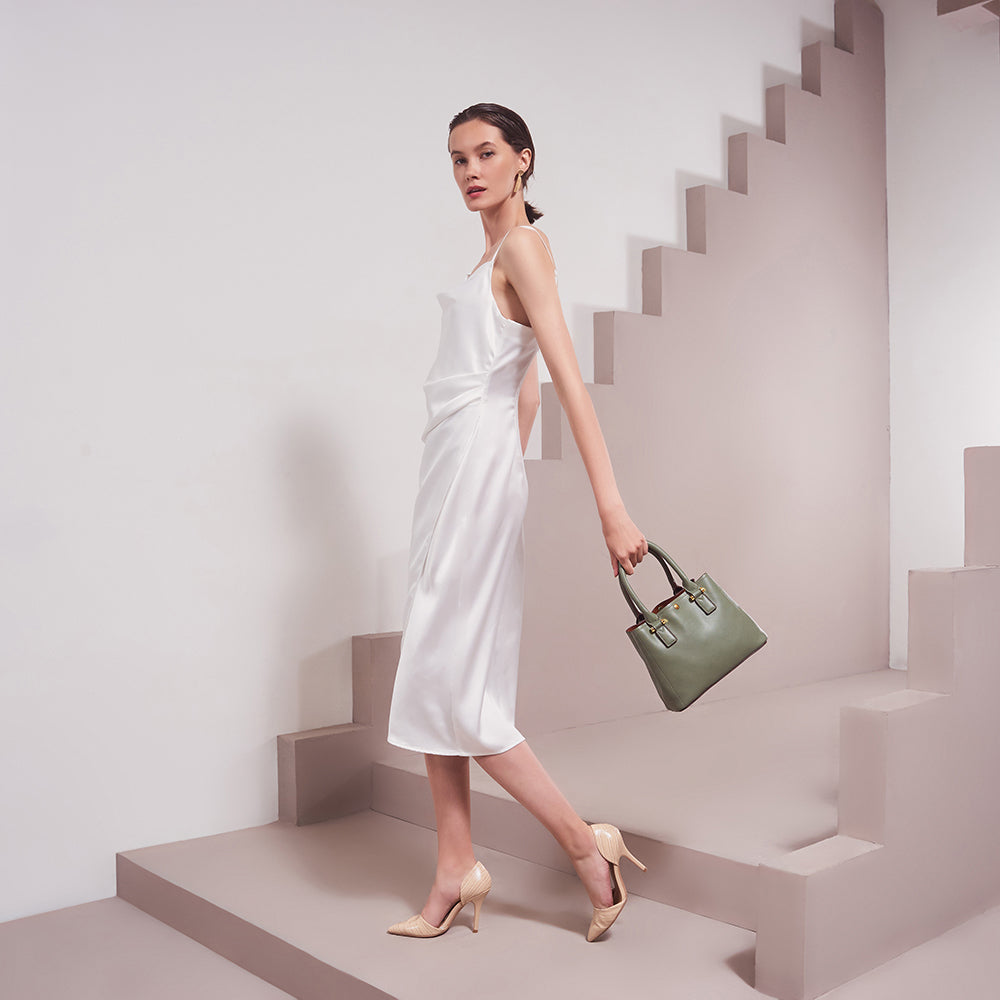 Model Wearing Melie Bianco Luxury Vegan Leather Gabby Shoulder Bag in Sage