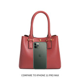 An iphone 11 pro size comparison image for a small recycled vegan leather crossbody handbag. 