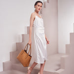 Model Wearing Melie Bianco Luxury Vegan Leather Isabella Shoulder Bag in Camel