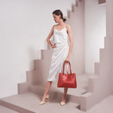 Model Wearing Melie Bianco Luxury Vegan Leather Isabella Shoulder Bag in Rose