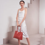 Model Wearing Melie Bianco Luxury Vegan Leather Isabella Shoulder Bag in Rose