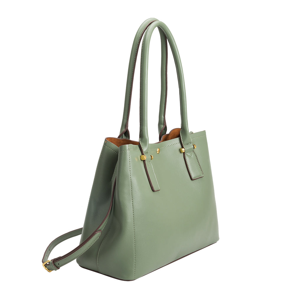 A large sage vegan leather shoulder bag with gold hardware. 