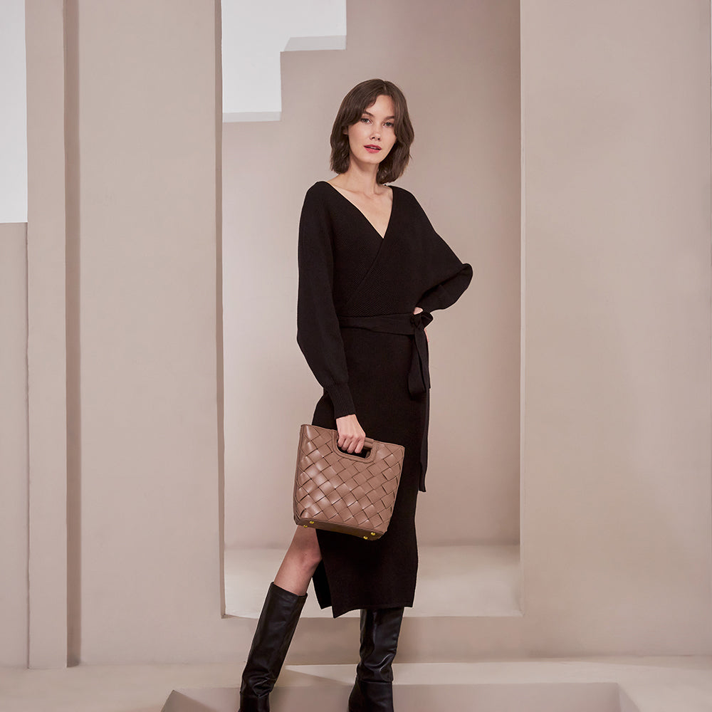 Model Wearing Melie Bianco Luxury Vegan Leather Robbie Crossbody Bag in Taupe