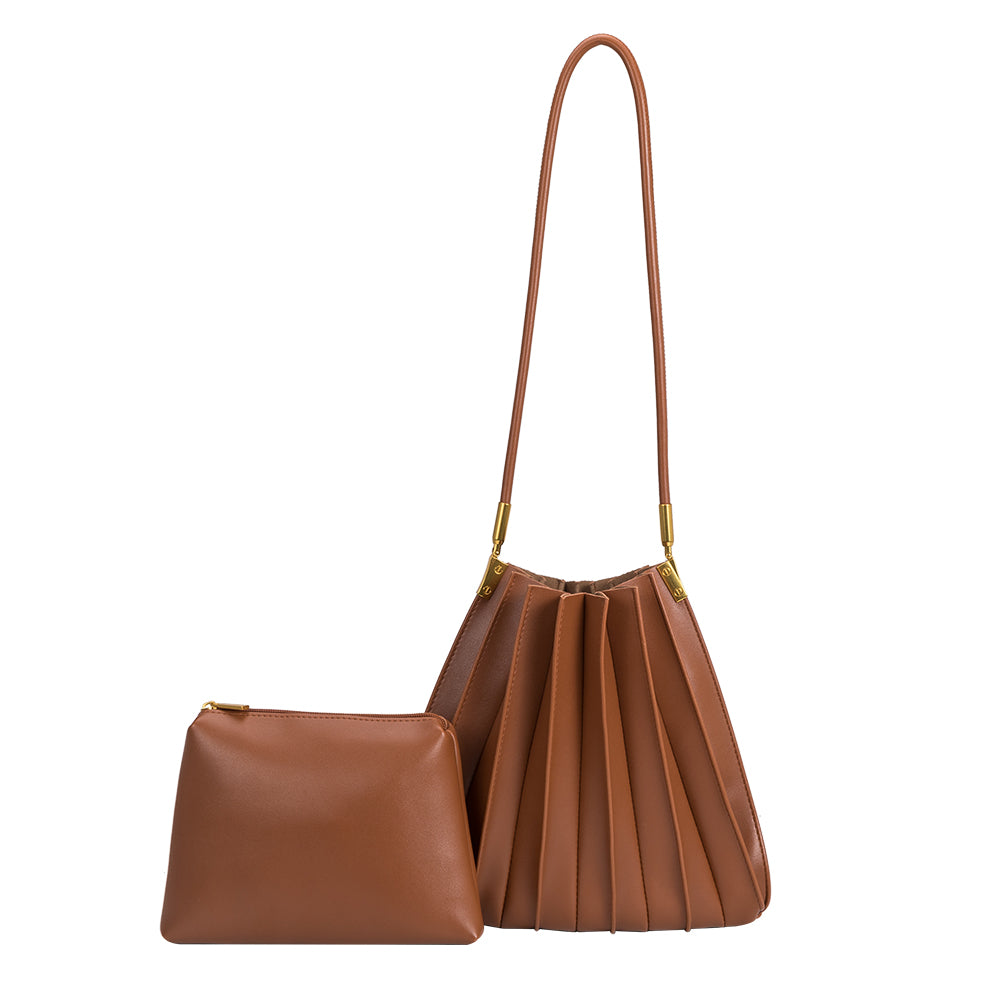 Melie Bianco Carrie Pleated Luxury Vegan Leather Shoulder Bag in Saddle