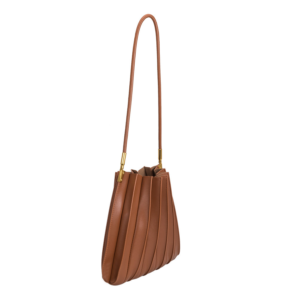 Melie Bianco Carrie Pleated Luxury Vegan Leather Shoulder Bag in Saddle