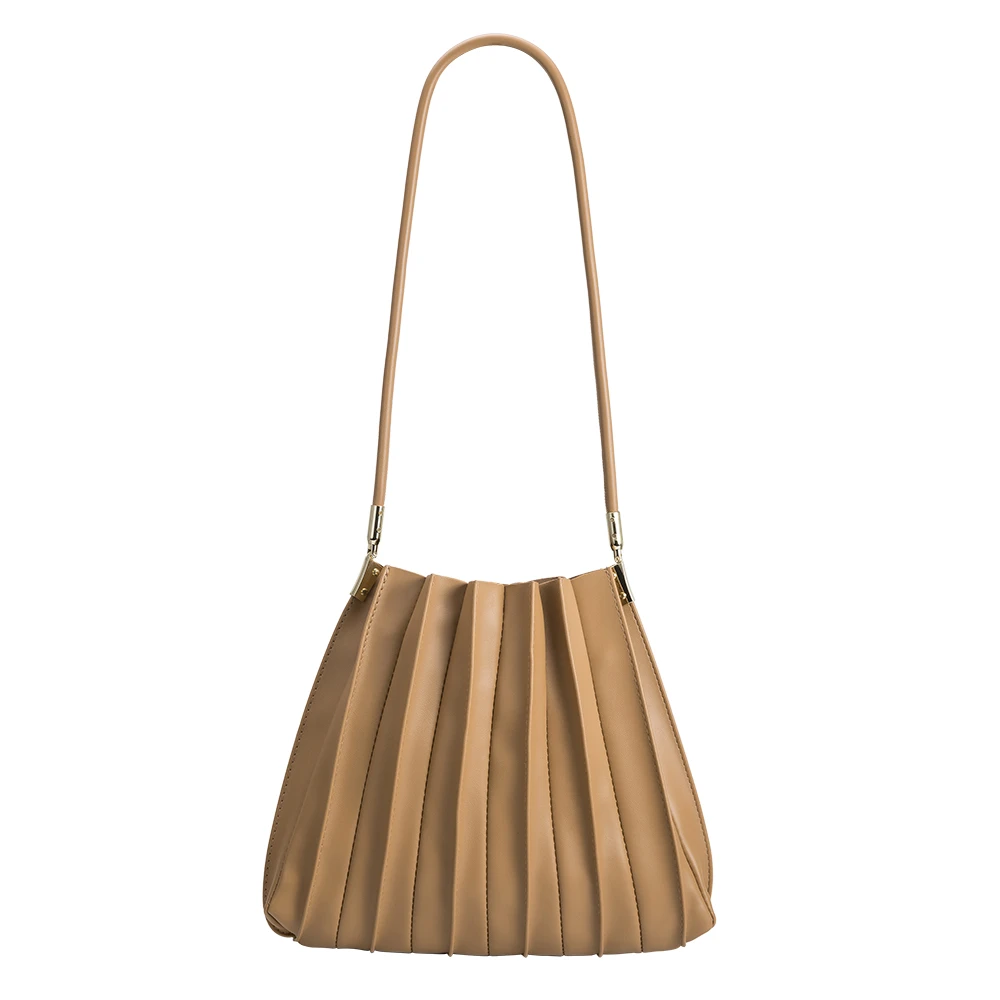 A taupe pleated vegan leather shoulder bag with gold hardware. 