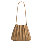 A taupe pleated vegan leather shoulder bag with gold hardware. 