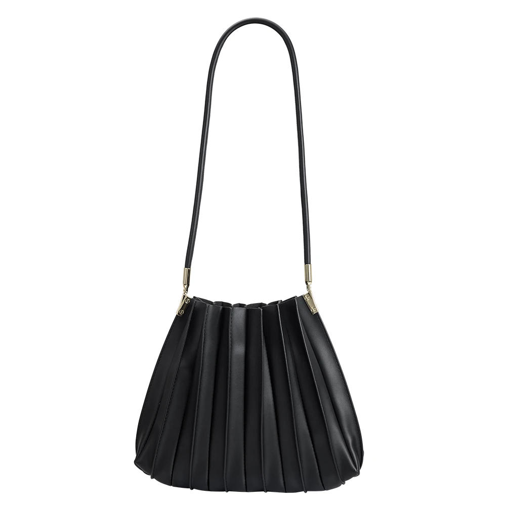 A black pleated vegan leather crossbody bag with silver clasp