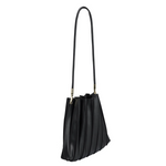 Black pleated vegan leather shoulder bag with silver clasp. 