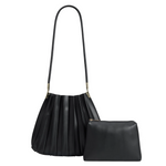 Black pleated shoulder bag with silver clasp.