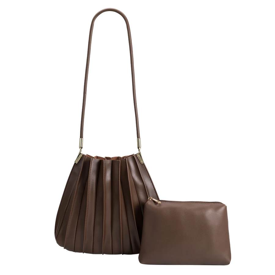 Melie Bianco Carrie Pleated Luxury Vegan Leather Shoulder Bag in Chocolate