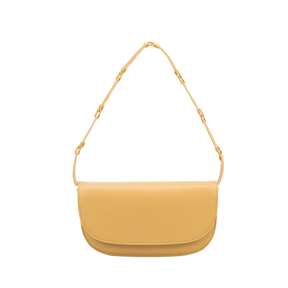 A small yellow recycled vegan leather shoulder bag with a scallop strap. 