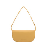 A small yellow recycled vegan leather shoulder bag with a scallop strap. 