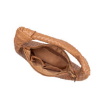 A  caramel recycled vegan leather shoulder handbag with a knot.