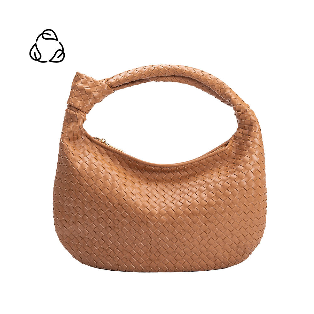 A caramel recycled vegan leather shoulder handbag with a knot. 
