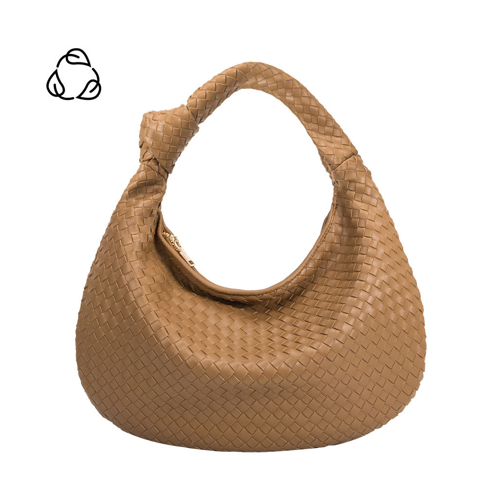 A Khaki recycled vegan leather shoulder handbag with a knot.